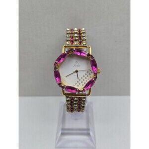 Jalga Womens Pink Crystals Rhinestones Dress Watch Gold Bracelet New Battery